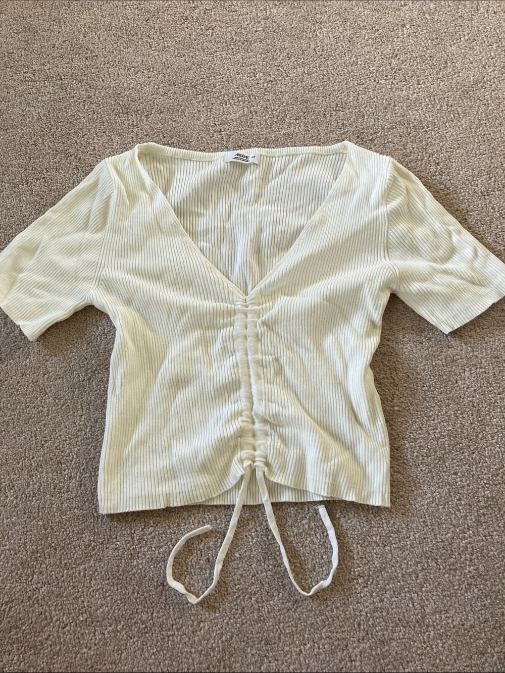 Ardene Ribbed V-Neck Ruched Short Sleeve Top - Cream